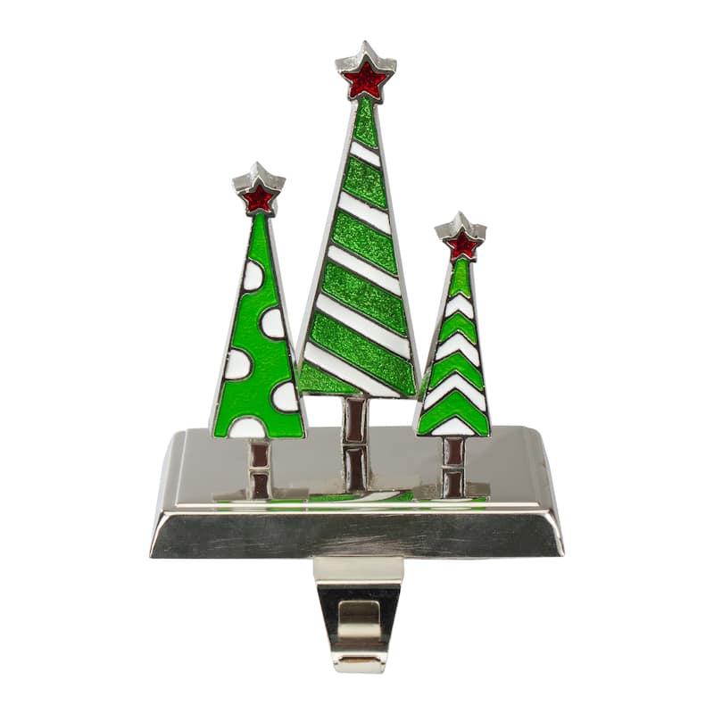 7" Silver Green and White Christmas Tree Trio Stocking Holder Bed
